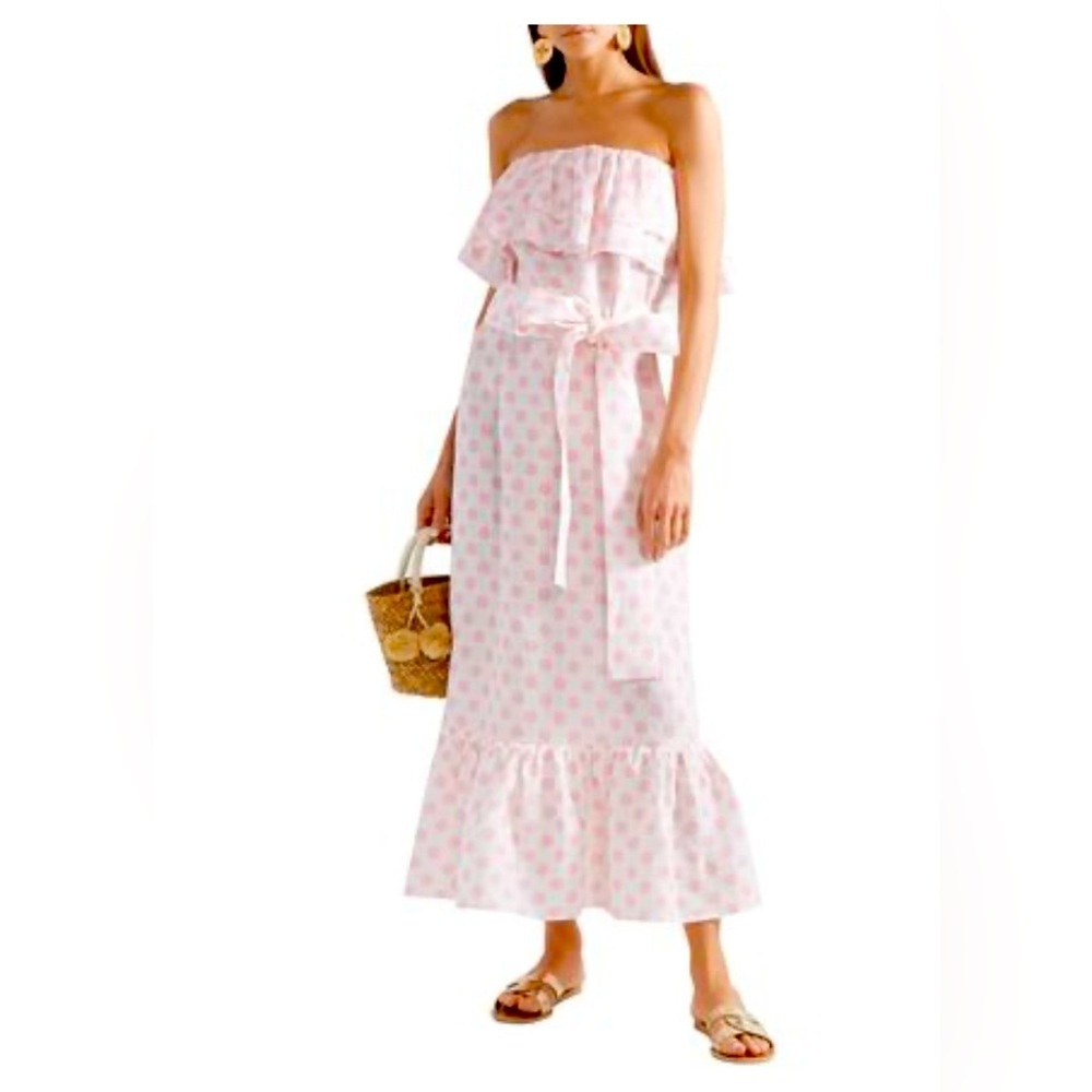Lisa Marie Fernandez Sabine Strapless Pink Polka Dot Linen Dress